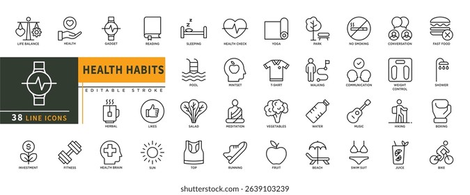 Minimalist Health Habits line icons set with editable stroke, featuring life balance, health, gadget, reading, bike, fitness, sleeping, yoga, mintset, vegetables, meditation. thin linear illustration.