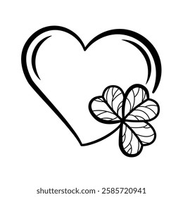 Minimalist Heart and Clover Symbol in Line Art Style symbolizing love and luck. Vector illustration, ideal for greeting cards, icon, logo, print, tattoo, St. Patrick's Day designs