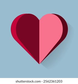 A minimalist heart design divided into two symmetrical halves, with the left side in deep red and the right side in light pink, placed against a light blue background.