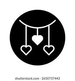 Minimalist heart garland icon on black circle background, symbolizing love, valentine's day and romantic celebrations and affectionate designs