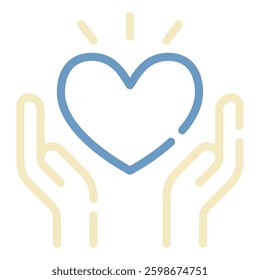 A minimalist heart icon surrounded by two hands, symbolizing care and compassion in digital communications.