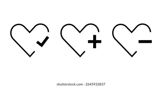 Minimalist Heart Icons with Check, Plus, and Minus Symbols – Vector Set.