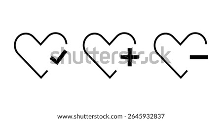 Minimalist Heart Icons with Check, Plus, and Minus Symbols – Vector Set.