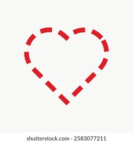 Minimalist heart illustration with red dashed lines forming a heart shape. Simple heart design, dashed lines, red heart, minimalist style, love symbol. Valentine's Day illustration vector.