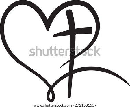 A minimalist heart shape seamlessly intertwined with a Christian cross, representing faith, love, spirituality, and religious devotion.