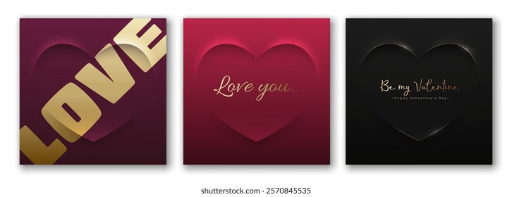 Minimalist heart shape Valentines Day square social network post template set. Love you, Be my Valentine golden text in heart frame vector luxury holiday lettering on purple, pink, black background