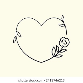 Minimalist heart shaped frame with line art rose line flower. Botanical border, outline drawing of heart-shaped wreath. Isolated design element. Black and white illustration, vector.