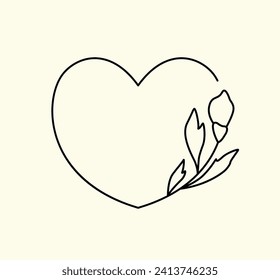 Minimalist heart-shaped frame with a small flower. Cute floral element, botanical border for Valentine's day design. Simple line art, black and white vector illustration.