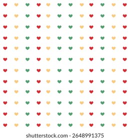Padrão contínuo minimalista em forma de coração em vermelho, verde hortelã e amarelo pastel. Perfeito para tecido, embrulho de presente, convites, scrapbooking, embalagem e muitos outros projetos de design.