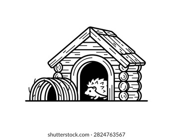 Minimalist Hedgehog in a Wooden Log Cabin with Tunnel Line Art Illustration
