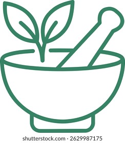Ícone de ervas minimalista com argamassa e pilão e folhas Teal Line Vetor