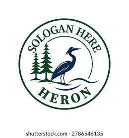 Minimalist Heron Bird Circular Emblem Logo with Pine Trees, Wildlife Nature Eco Vector Design