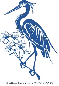 Minimalist Heron design with flowers and plants 