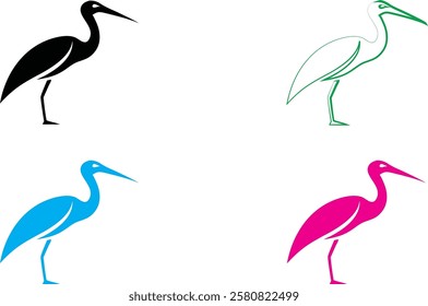 Minimalist heron silhouettes, colorful bird outlines, simple line drawings, black white green blue pink color palette, graphic design style, clean vector illustration, stylized shore birds, modern art