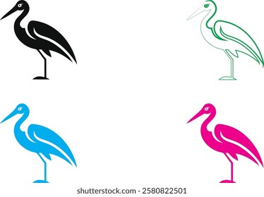 Minimalist heron silhouettes, colorful bird outlines, simple line drawings, black white green blue pink color palette, graphic design style, clean vector illustration, stylized shore birds, modern art