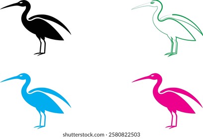 Minimalist heron silhouettes, colorful bird outlines, simple line drawings, black white green blue pink color palette, graphic design style, clean vector illustration, stylized shore birds, modern art