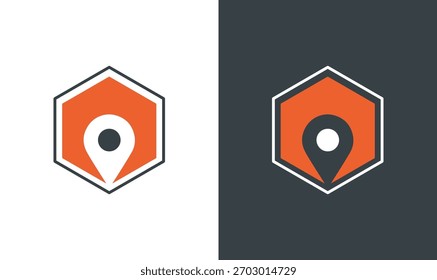 Ícone minimalista do logotipo do pin do mapa de hexágono em laranja e cinza escuro.