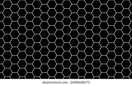 Minimalist hexagonal grid pattern on a solid black background. Ideal for use in tech backgrounds, digital textures, or modern design themes with geometric structure.