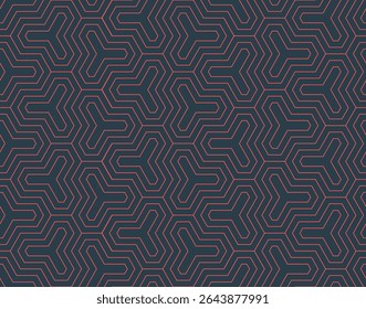 Minimalist hexagonal seamless pattern with thin red lines on black background. Elegant linear structure with oriental and futuristic feel. Ideal for tech, wallpaper or digital art. Endless abstraction
