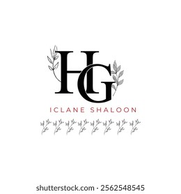 Minimalist HG Monogram with Botanical Illustration.Elegan Initial GH Logo with Floral Element. Wedding logos, hand drawn elegant, delicate and minimalist,black and white vintage logo for beauty shop.