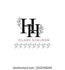 Minimalist HH Monogram with Botanical Illustration.Elegan Initial HH Logo with Floral Element. Wedding logos, hand drawn elegant, delicate and minimalist,black and white vintage logo for beauty shop.