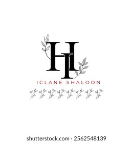 Minimalist HI Monogram with Botanical Illustration.Elegan Initial IH Logo with Floral Element. Wedding logos, hand drawn elegant, delicate and minimalist,black and white vintage logo for beauty shop.