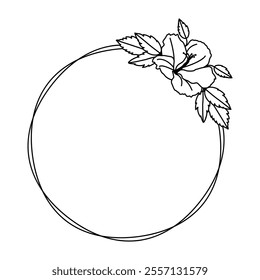 Minimalist Hibiscus Floral Frame, Delicate Circular Black and White Logo, Family Name Sign