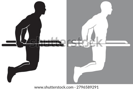 A minimalist and high-contrast EPS vector graphic showcasing a side-profile silhouette of a muscular male athlete performing a parallel bar dip exercise. Presented side-by-side in solid dark grey on a crisp white background and white on a neutral taupe background, this clean icon represents upper body pushing strength, triceps development, chest targeting, and bodyweight calisthenics. It is perfectly optimized for workout tracking phone apps, fitness coaching websites, gymnastics training logs, and gym apparel layout designs.