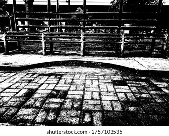 Minimalist high-contrast EPS vector of a park bench and brick pavement. Abstract black and white silhouette graphic, perfect for urban, architectural, and modern industrial designs.