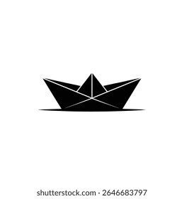 Um gráfico minimalista de alto contraste mostrando a silhueta de um barco de papel preto. A imagem apresenta o desenho do barco com linhas nítidas, claras sobre o fundo branco.