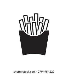 A minimalist, high-contrast illustration featuring a cone-shaped paper basket filled with eight crispy-looking French fries. The image uses solid black and white tones, creating a clean and bold visua.