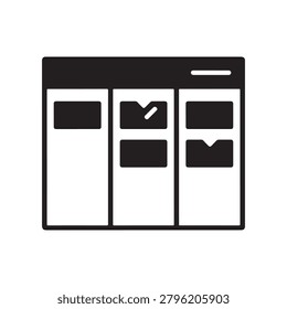A minimalist, high-contrast illustration of a mobile app interface wireframe displayed on a device screen. The design features three columns with placeholder icons and text blocks, emphasizing structu.