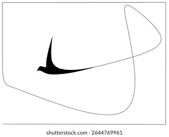 uma imagem minimalista e de alto contraste com uma silhueta preta e elegante de um pássaro em voo, acompanhada por uma única linha preta fluente que traça um caminho abstrato contra um fundo cinza claro.