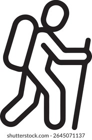 Minimalist Hiking Icon Design of a Person with Backpack and Trekking Pole Navigating a Scenic Mountain Trail with Confidence and Determination