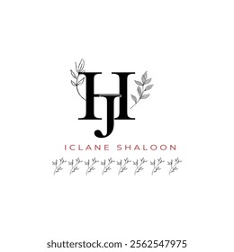 Minimalist HJ Monogram with Botanical Illustration.Elegan Initial JH Logo with Floral Element. Wedding logos, hand drawn elegant, delicate and minimalist,black and white vintage logo for beauty shop.