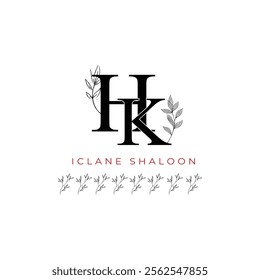 Minimalist HK Monogram with Botanical Illustration.Elegan Initial KH Logo with Floral Element. Wedding logos, hand drawn elegant, delicate and minimalist,black and white vintage logo for beauty shop.