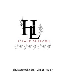 Minimalist HL Monogram with Botanical Illustration.Elegan Initial LH Logo with Floral Element. Wedding logos, hand drawn elegant, delicate and minimalist,black and white vintage logo for beauty shop.