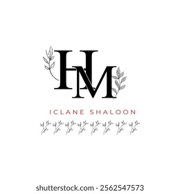 Minimalist HM Monogram with Botanical Illustration.Elegan Initial MH Logo with Floral Element. Wedding logos, hand drawn elegant, delicate and minimalist,black and white vintage logo for beauty shop.