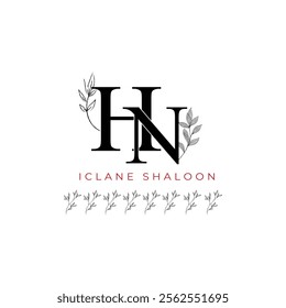 Minimalist HN Monogram with Botanical Illustration.Elegan Initial NH Logo with Floral Element. Wedding logos, hand drawn elegant, delicate and minimalist,black and white vintage logo for beauty shop.