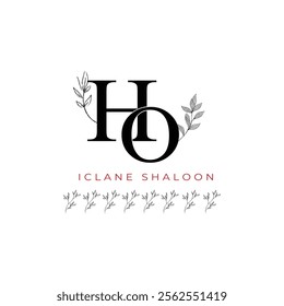 Minimalist HO Monogram with Botanical Illustration.Elegan Initial OH Logo with Floral Element. Wedding logos, hand drawn elegant, delicate and minimalist,black and white vintage logo for beauty shop.