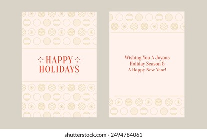 Minimalist holiday greeting cards with delicate gold ornaments and warm wishes in red. Perfect for sending joyful messages. Adds an elegant and festive touch to the holiday season.