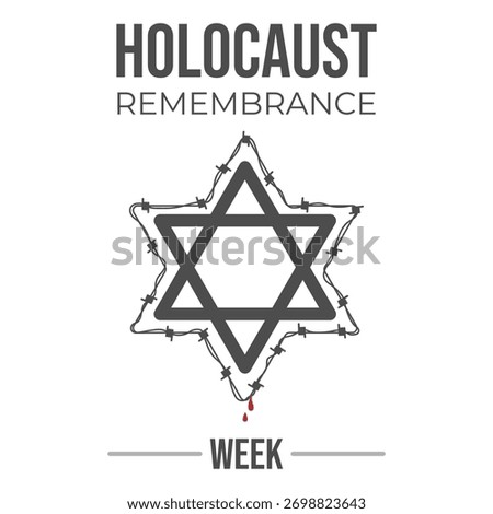 Minimalist Holocaust Remembrance vector with Star of David made of barbed wire and blood drop. Symbolic memorial design for history, sorrow, and commemoration concepts.