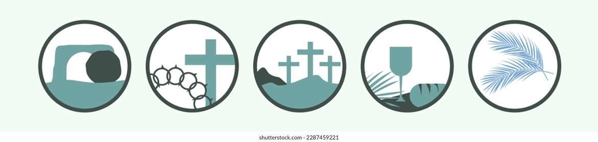 Minimalist Holy Week Poster Set. Palm Sunday, Maundy Thursday, Good Friday, Holy Saturday, Easter Sunday. Palms, Chalice and bread, crucifixion of Jesus Christ, Resurrection.