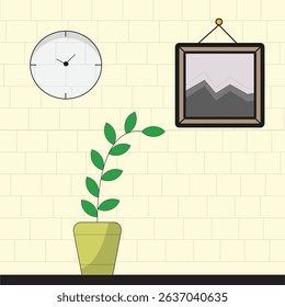 Minimalist Home Decor Featuring a Plant Pot Clock and Framed Mountain Artwork on a Cream Brick Wall