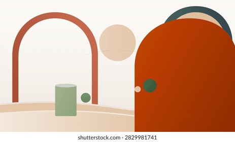 Minimalist home decor sales backdrop with warm sienna arches and layered sand terraces. Sienna, Sand and Olive color theme.