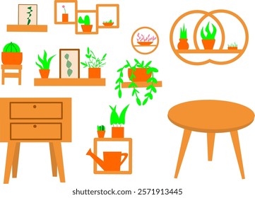 A minimalist home decoration vector illustration featuring wooden furniture  wall shelves table and green potted plants The design is modern and simple perfect for natural interiors eco-friendly