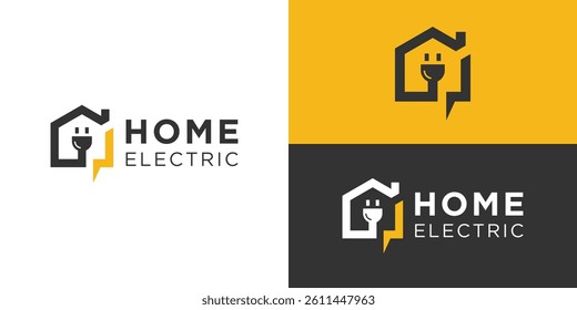 Minimalist home electric logo template. Home with lightning and plug logo design vector illustration.