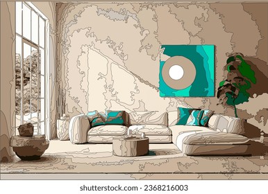 Minimalist home interior design. Corner sofa with turquoise pillows and a large flower in the corner of the living room..