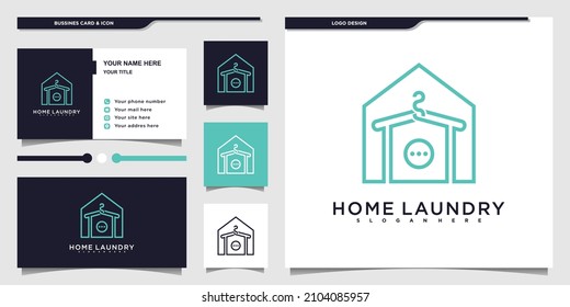 Minimalist home laundry logo design with creative line art style and businnes card Premium vektor