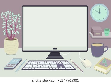 Minimalist home office desk setup with computer, coffee, plant, clock, and stationery in soft pastel colors and flat design.
